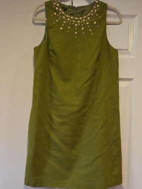 Avocado green sleeveless linen dress with gold detail, New Directions
